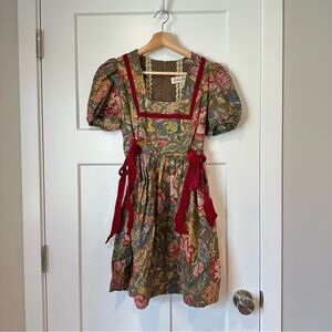 Vintage Neiman Marcus Floral Red Velvet Bow Green Dress with Puff Sleeves Small